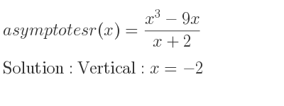 The asymptotes of r(x)=(x^3-9x)/(x+2) is Vertical: x=-2